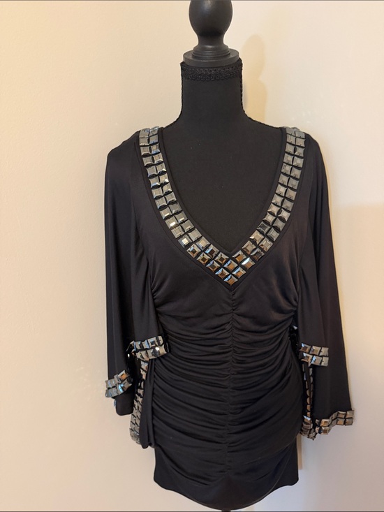 bebe Tops - bebe Black V-Neck Ruched Top with Metallic Square Trim
